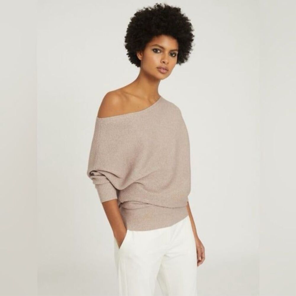 Reiss Lorna Asymmetric Draped Knitted Off Shoulder Jumper Sweater in Stone Small - Picture 10 of 11